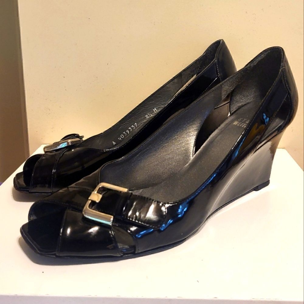 Stuart Weitzman "Candy" Black Patent Leather Peep Toe Wedge Pumps Sz. 8.5 $298
